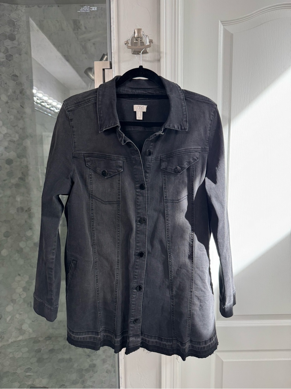 LOGO Lori Goldstein Stretch Denim Jacket Size 14 Charcoal Black Long